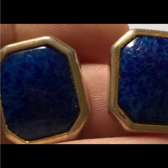 Vintage Christian dior gold faux lapis rectangle button studs clip on Earrings - Picture 5 of 8